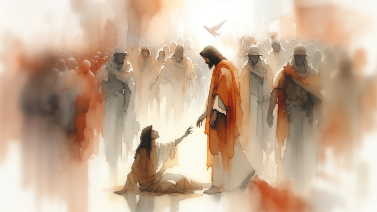 Watercolor illustration of Jesus reaching out to a woman