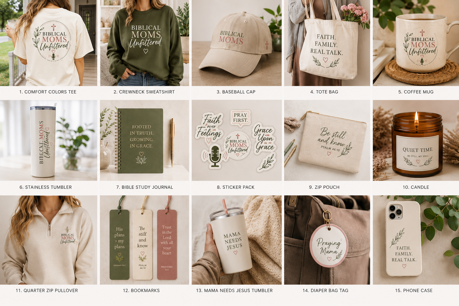 Biblical Moms Unfiltered merch preview — tees, sweatshirts, mugs, journals and more
